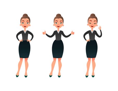 A set of young successful businesswoman showing thumbs up, sign ok. Cartoon flat business woman character set.