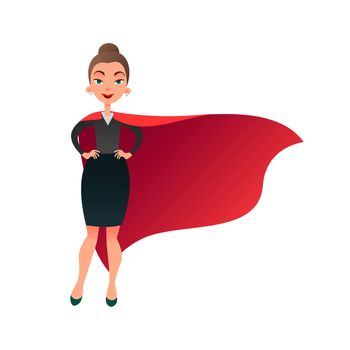 Woman superhero cartoon character. Wonder woman with cape of super man. Confident business lady focused on success. Flat beautiful female super hero
