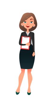 Young successful female office manager. Smart cartoon flat woman secretary character at the office. Business lady ready for doing business task.