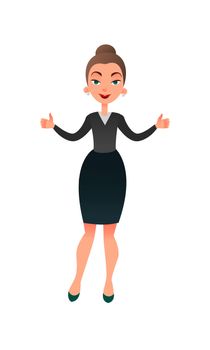 Cartoon flat business lady makes her thumbs up. Confident businesswoman focused on success. Cheerful manager giving thumbs up.