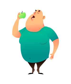 A fat man bites an apple. Useful habits and healthy eating concept. The fatty guy dreams of losing weight and chooses a healthy diet. Healthy lifestyle and proper nutrition lifestyle