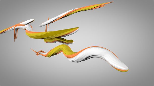 An arty 3d illustration of wriggling colorful strokes in the grey background. They are of white, orange and green colors. They interwine like snakes with each other.