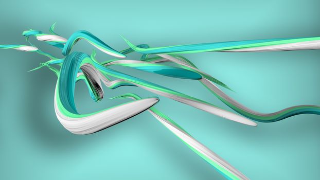 A gorgeous 3d illustration of swirling colorful strokes in the green background. They are of white, salad and turquoise colors. They move diagonally in a loopy way.