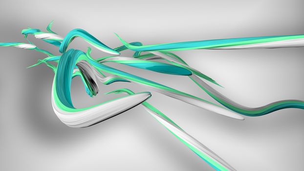 A volumetric 3d illustration of swirling colorful strokes in the grey background. They are of white, blue and turquoise colors. They move aslant in a loopy way.
