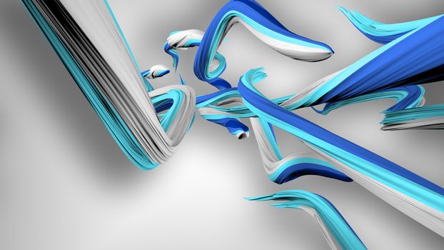 A splendid 3d illustration of interlacing colorful strokes in the grey background. They are of white, blue and turquoise colors. They move diagonally in a twisting way.