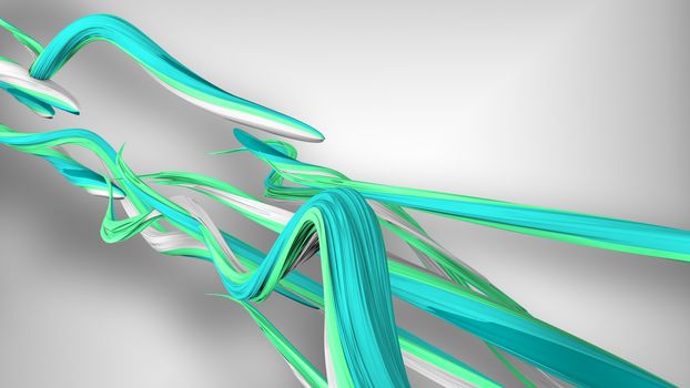 An avant-garde 3d illustration of fidgeting multicolored strokes in the grey background. They are of white, blue and green colors. They writhe like snakes with each other.
