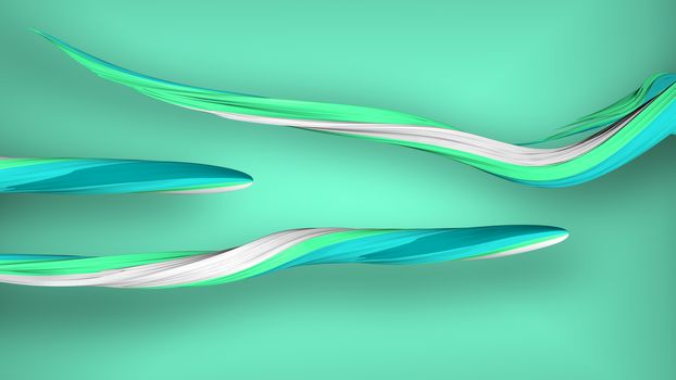 An impressive 3d illustration of multicolored strokes in the grey background. They are of white, green, and blue colors. They move horizontally like slimy snakes.