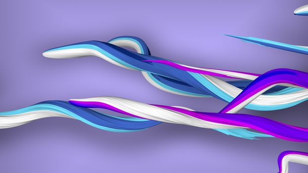 A high art 3d illustration of swirling multicolored strokes in the violet background. They are of white, pink and blue colors. They interweave like eels with each other.