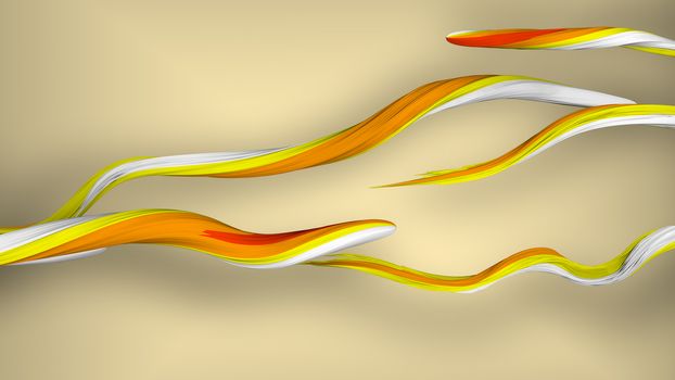 An exciting 3d illustration of smart strokes creeping quickly in the orange background. They are of white, orange, and yellow colors. They move towards each other like whirling eels.
