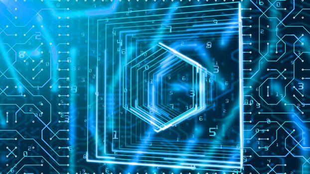 A multidimensional 3d illustration of a circuit board looking like a hexagon with grids and Matrix digits in the black background. The hex, grids and digits are sparkling blue.