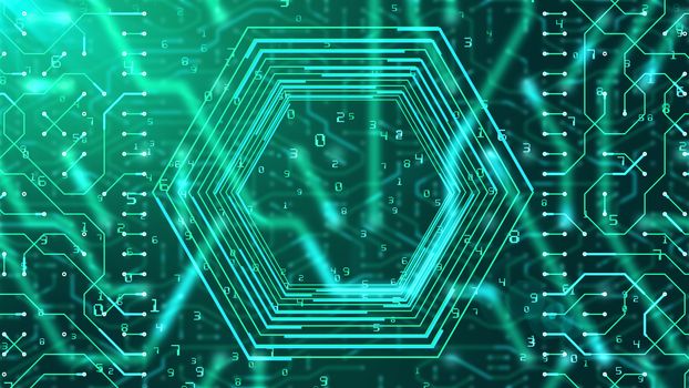 A hi-tech 3d illustration of a circuit board looking like a hexagonal tube with grids and Matrix numbers in the black background. The hex, grids and digits are sparkling green.