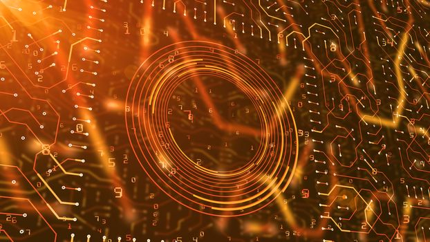 A sci-fi 3d illustration of a circuit board looking like a round tube with ladders and Matrix numbers in the black background. The rounds, grids and digits are shining gold.