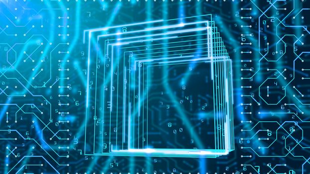 A trailblazing 3d illustration of a circuit board looking like a portal from askew squares with grids and Matrix numbers in the black background. All figures are shining blue.