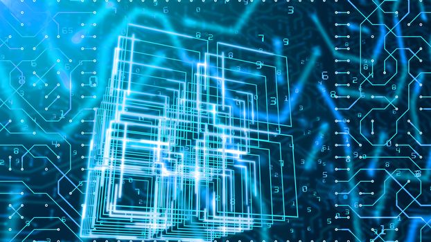 A pc graphics 3d illustration of a circuit board looking like a portal from four askew squares with a cross inside and Matrix numbers in the black background. All figures are blue.