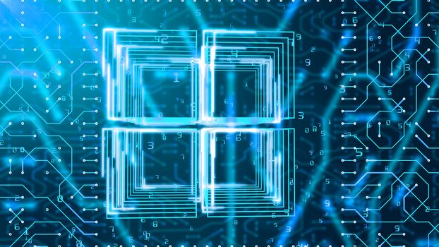 A neo-geo 3d illustration of a circuit board looking like four squares placed directly with a cross inside and Matrix numbers in the black background. All figures are shining blue.