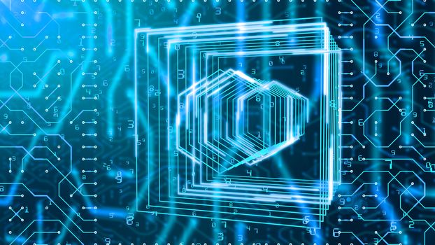 An op art 3d illustration of a circuit board looking like askew squares with hexes inside and Matrix numbers in the black background. All figures and lines are shining blue