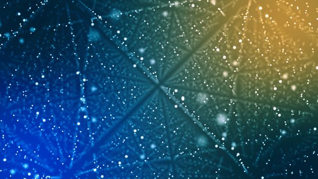 A futuristic 3d illustration of a blue and yellow cyberspace which is spinning around. It is pierced with crystal looking structures made of sparkling spots.