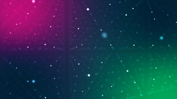 A spectacular 3d illustration of a bright blue, violet and red cyberspace with sparkling blurs. It is full of spotted lines making rhombus looking structures from bright nodes.