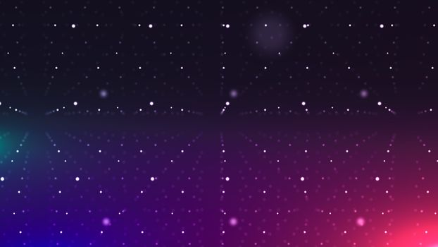 A spacialism art 3d illustration of a violet and red cyberspace. It is pierced with crystal looking structures made of sparkling dots placed in long lines.