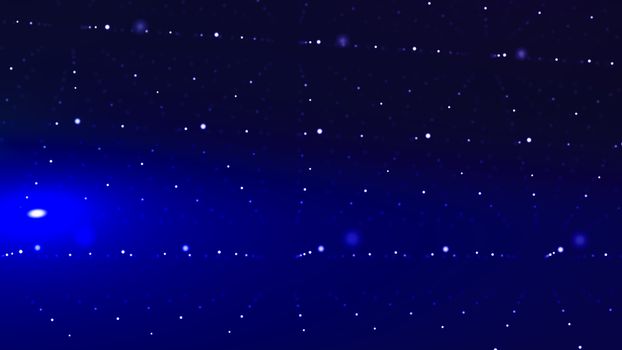 A visionary art 3d illustration of a blue and violet cyberspace. It is transfixed with crystal looking structures made of shining spots placed in long lines.