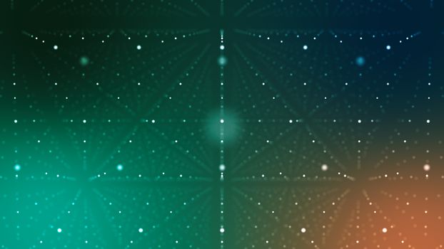 An arty 3d illustration of a dark green and blue cyberspace. It is full of spotted rhombuses with crystal looking structures made of shining dots located in long lines.
