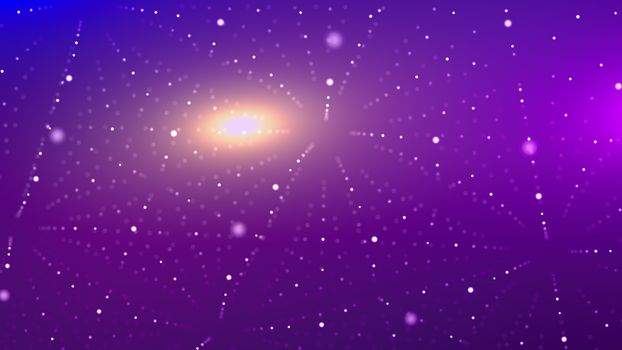 A volumetric 3d illustration of a dark violet cyberspace with bright plasma blur. It is full of spotted lines making crystal looking structures made of sparkling nodes.