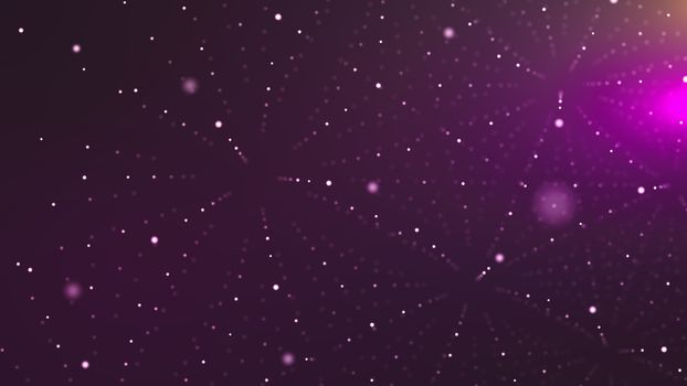 A multidimensional 3d illustration of a bright violet cyberspace with sparkling plasma blurs. It is full of dotted lines making crystal looking structures made of radiant nodes.