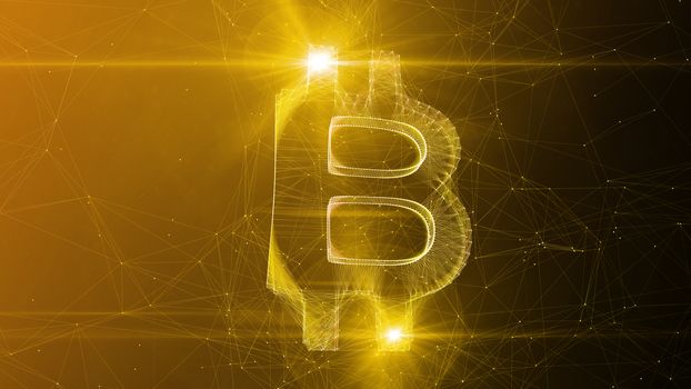 A gorgeous 3d illustration of a beautiful bitcoin sign turned slightly aside. It sways in the center of a golden and brown cyberspace with narrow internet connections.