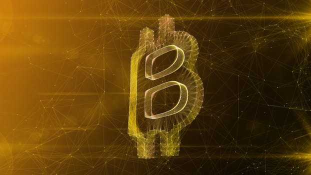 A glorious 3d illustration of a crystal bitcoin sign turned slightly aside. It is placed in the center of a white and khaki cyberspace with bright thin internet connections.