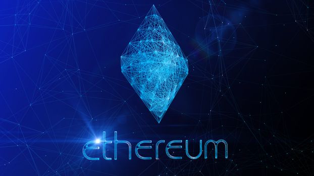 A brilliant 3d illustration of a beautiful Ethereum sign swaying slowly aside. It is placed in the center of a blue cyberspace with sparkling internet connections.