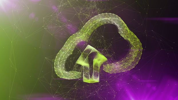 A visionary art 3d illustration of a crystal cloud software sign turning slowly aside. It is placed in the center of a violet and green cyberspace with sparkling lines.