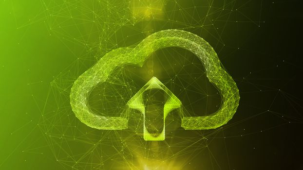 A computer graphics 3d illustration of a crystal cloud software symbol located in the center of a violet and green cyberspace with sparkling lines. It has an arrow inside.