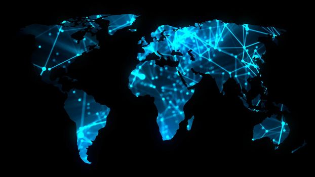 Modern communications network map of the world on dark background, 3D rendering backdrop