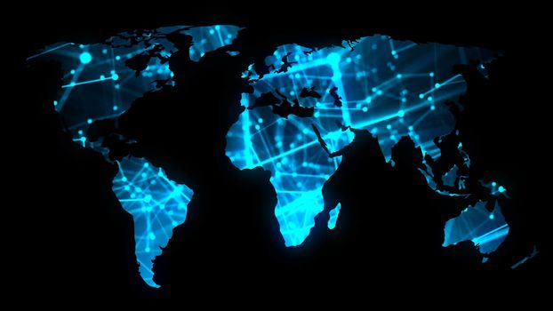 Modern communications network map of the world on dark background, 3D rendering backdrop