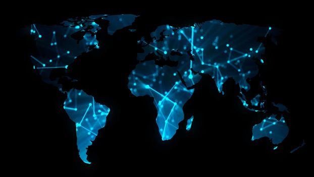 Modern communications network map of the world on dark background, 3D rendering backdrop