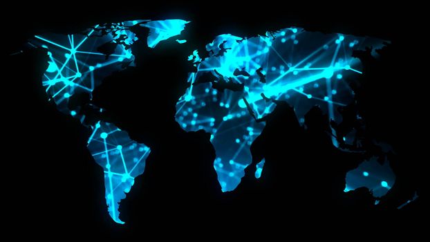 Modern communications network map of the world on dark background, 3D rendering backdrop