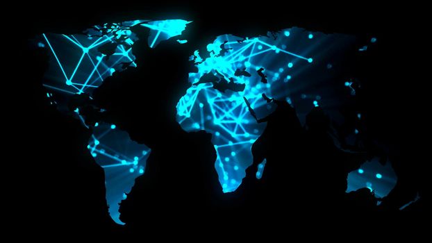 Modern communications network map of the world on dark background, 3D rendering backdrop