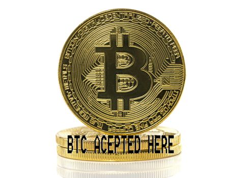 btc or bitcoin with accepted here text isolated on white background
