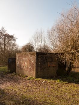 old war bunker marked graffiti no people old retro abandoned damage park public; essex; england; uk