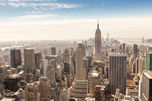 Panoramic view of building and skyscrapers in Midtown and downtown skyline of lower Manhattan, New York City, USA.