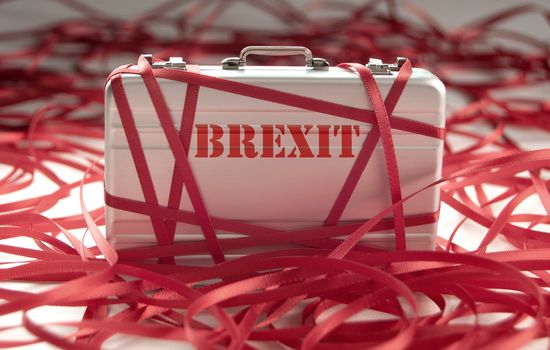 Red tape around a briefcase labeled brexit