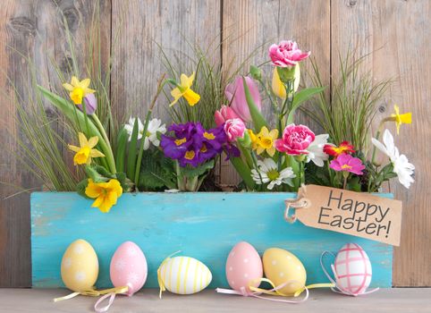 Spring flowers in a wooden pot with row of easter egg