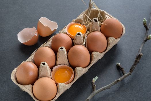 chicken eggs in a cardboard grate on a gray background