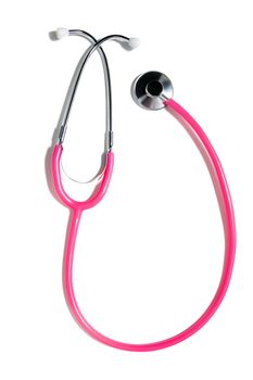 Close up view of a pink doctor's stethoscope isolated on a white background.