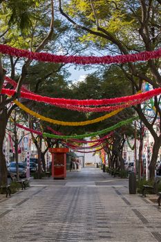 Outdoor view of the main avenue of Loule city with cobblestone artwork.