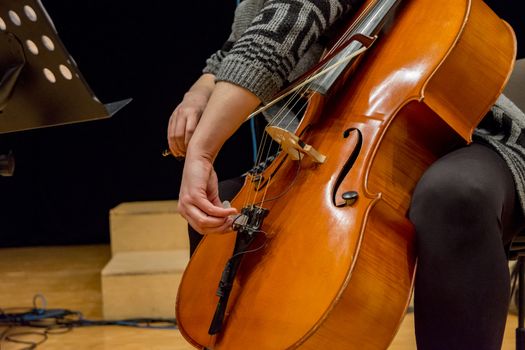woman  adjusting her cello before concert