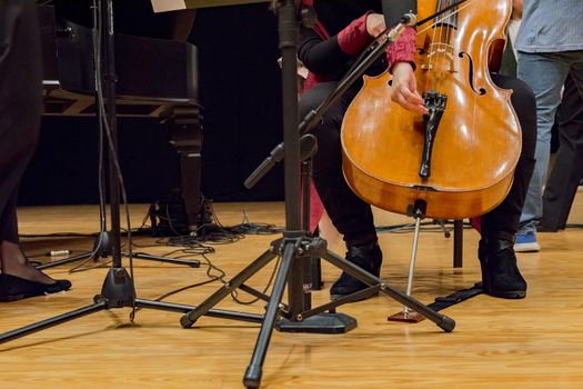 woman  adjusting her cello before concert