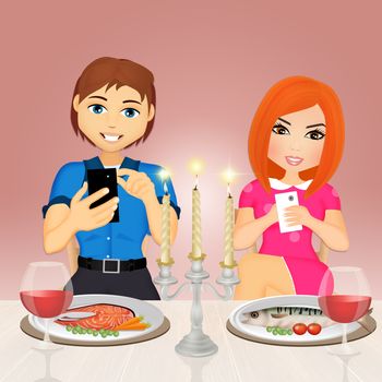 illustration of romantic dinner with smartphone