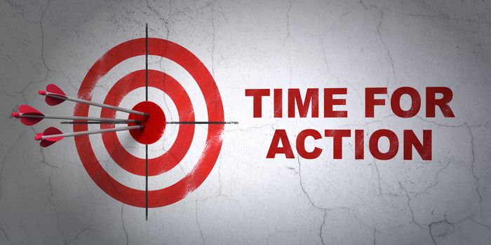 Success timeline concept: arrows hitting the center of target, Red Time For Action on wall background, 3D rendering