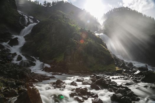 Soft water of the rough Latefossen falls in Odda Norway